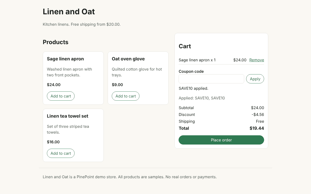 Demo store cart showing SAVE10 applied twice and an incorrect total of $19.44.